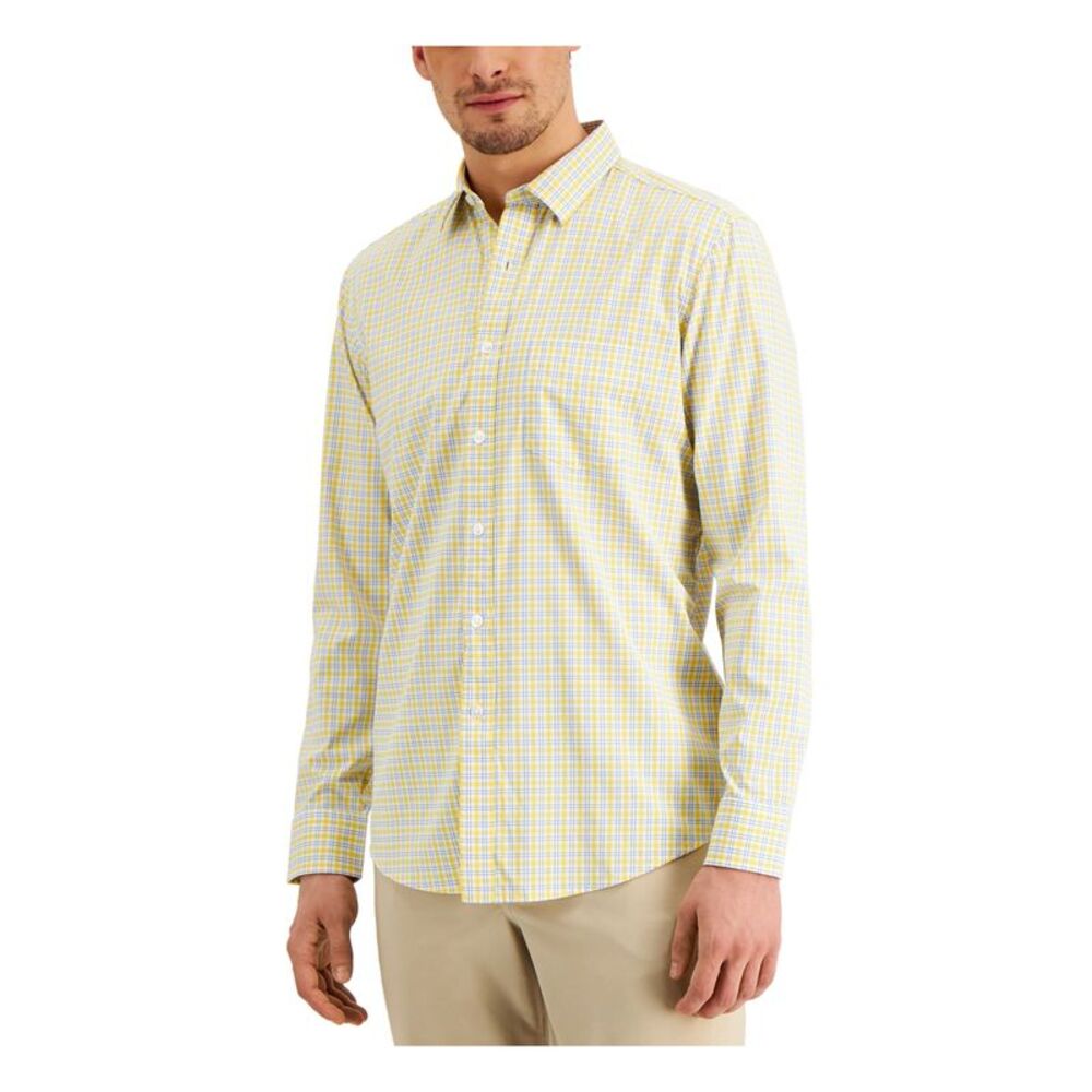 CLUBROOM Mens Yellow Lightweight Pocket Plaid Button Down Stretch Casual Shirt S